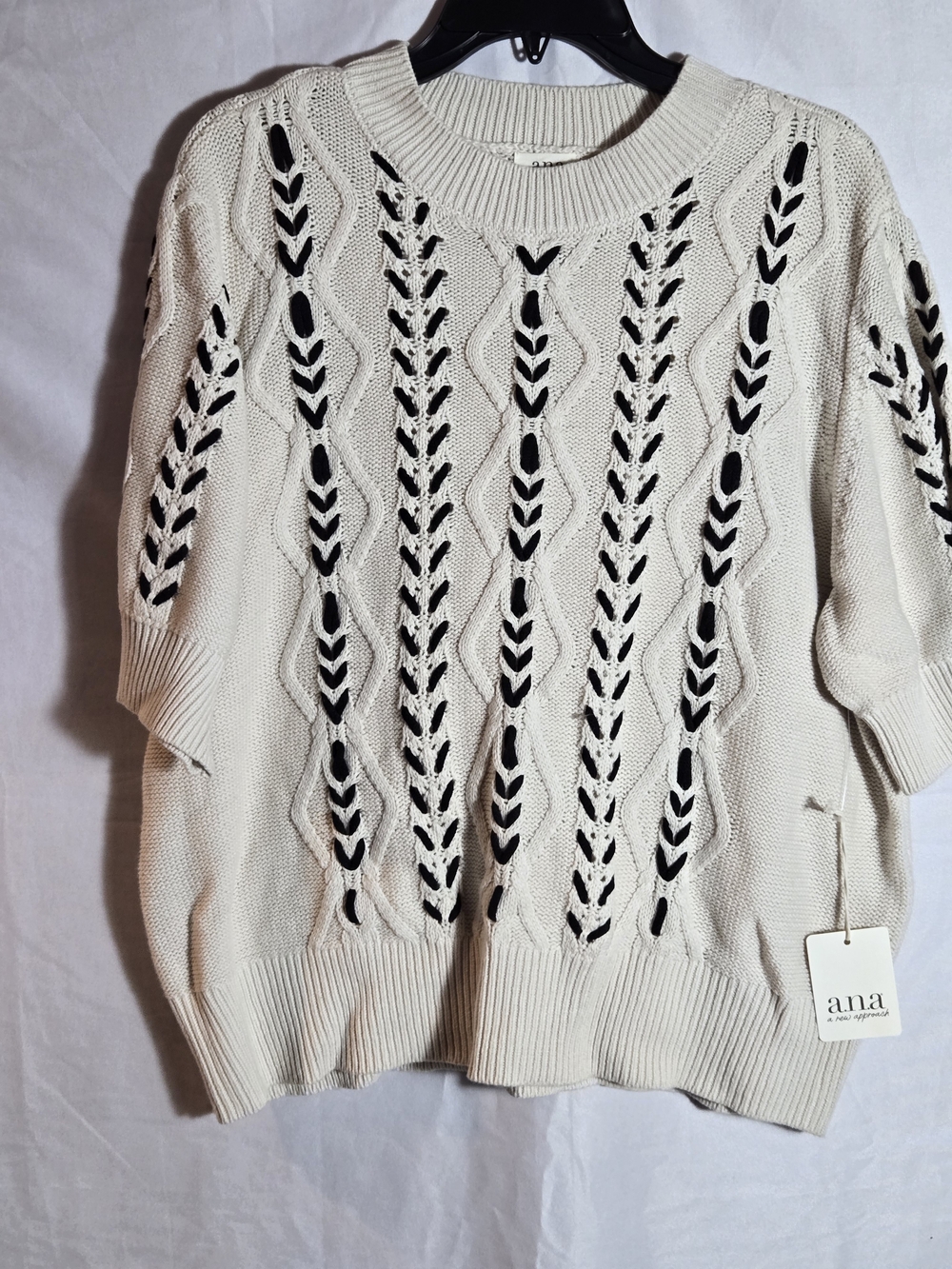 a.n.a Ivory Knit Short-Sleeve Sweater with Black Accents